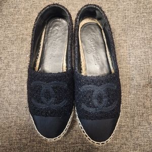 Authentic Chanel black tweed espadrilles 37